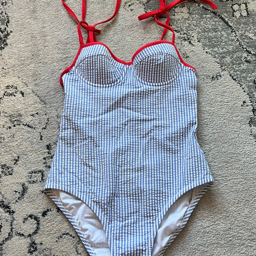 J. Crew Blue and Red Striped One Piece Swimsuit, Size XS